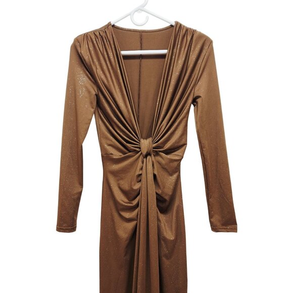 Brown Long-Sleeve Ruched Knot Front Maxi Dress Glitter Accents Deep V Neck SZ M - Picture 5 of 10